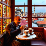 **Prompt 1:** Cozy Turkish cafe interior, warm lighting, traditional Turkish coffee being poured, patrons enjoying conversation, Istanbul cityscape visible through window, vibrant colors.