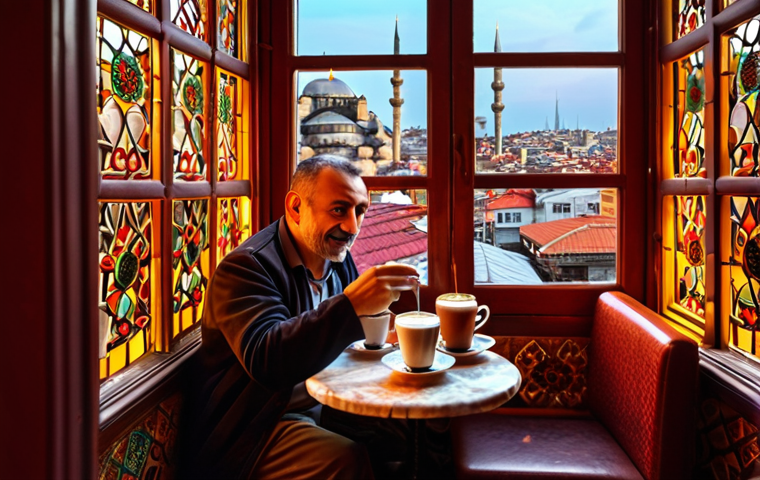 **Prompt 1:** Cozy Turkish cafe interior, warm lighting, traditional Turkish coffee being poured, patrons enjoying conversation, Istanbul cityscape visible through window, vibrant colors.