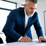 A professional architect in a modern office, reviewing blueprints at a brightly lit desk, wearing a tailored blazer and dress pants, fully clothed, appropriate attire, safe for work, perfect anatomy, natural proportions, architectural photography, high quality.