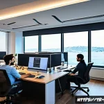 Home 21 CSS 아키텍처 자동화 도구 소개 - A modern web development team collaborating in a bright, spacious Istanbul office, working on modula...