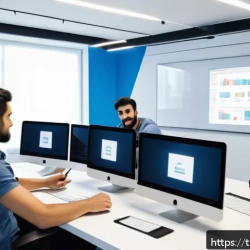 Home 31 ITCSS가 주는 CSS 관리의 이점 - A detailed and modern workspace scene showing a diverse software development team collaborating on a...