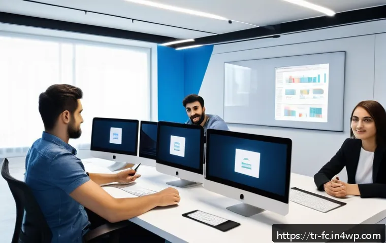 ITCSS가 주는 CSS 관리의 이점 - A detailed and modern workspace scene showing a diverse software development team collaborating on a...