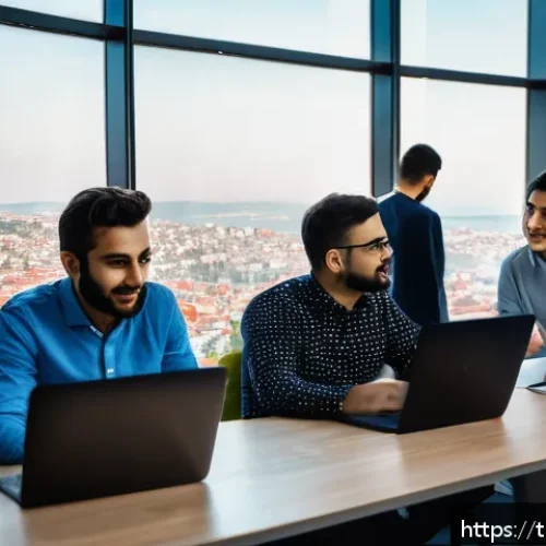 Home 30 CSS 아키텍처 패턴의 국제적 적용 사례 - A modern office workspace scene featuring a diverse team of Turkish software developers collaboratin...